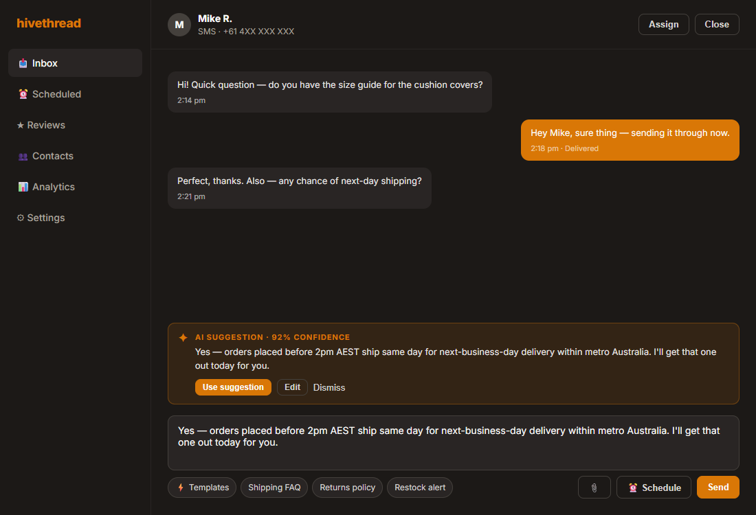 Composer with templates and scheduled-message picker