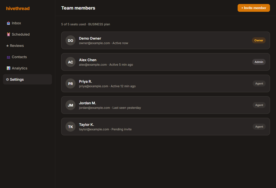 Team-members settings page with invites and role badges